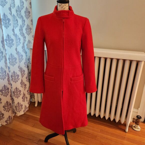 Agnès B True Red Longline Wool Zip Up Coat, Stand Collar, French Size 2, US 4-6 - Picture 1 of 15